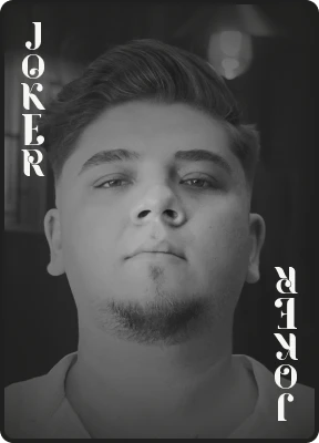 Joker card promoting at-home barbershop services for haircuts and beard trims with total convenience.